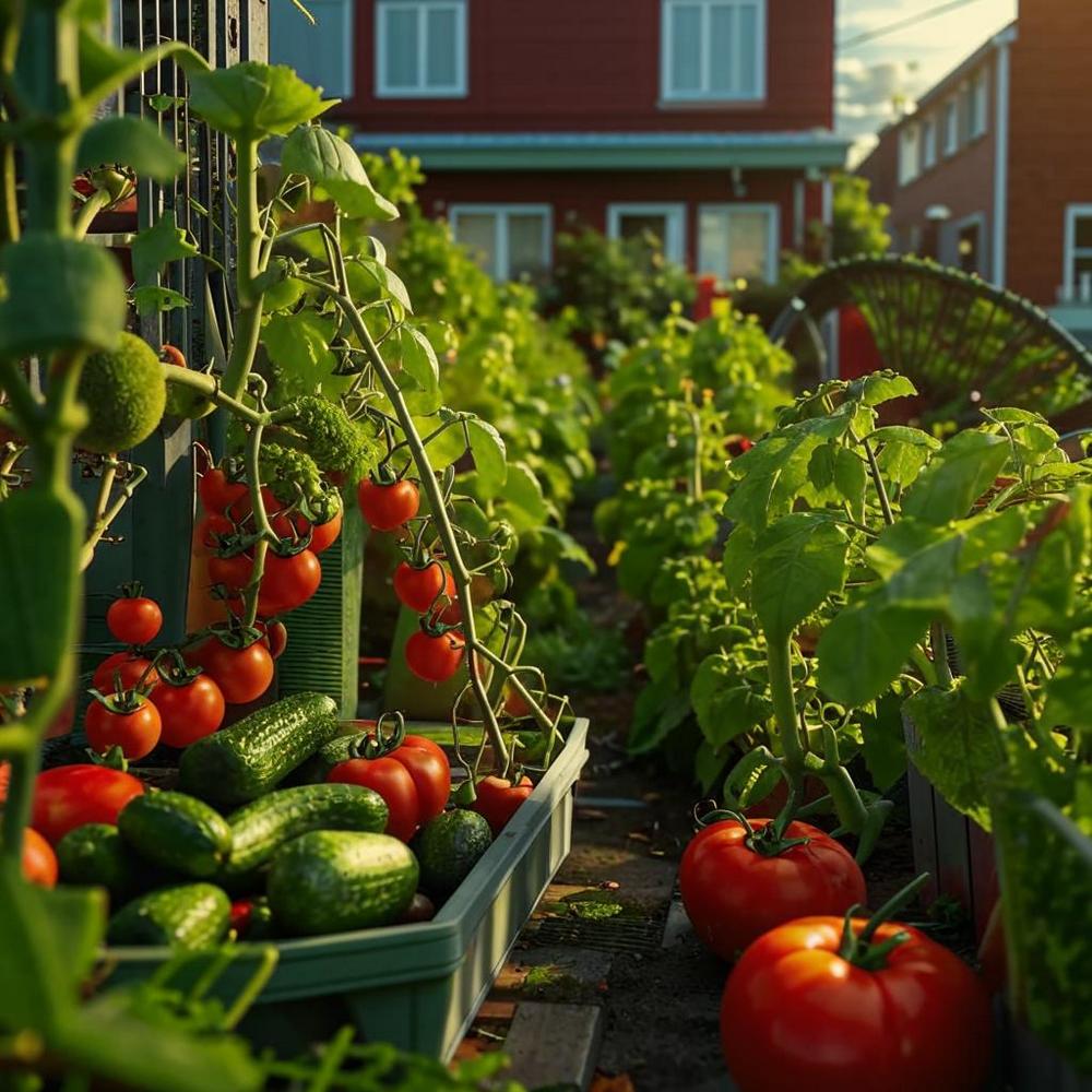 помидоры и огурцы растут на городском балконе