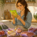 Кухня, на столе лежат продукты, упакованные в плёнку: сыры и колбасы, свежие овощи, фрукты, зелень. Вся плёнка нежно-фиолетового цвета. Но упаковка с сыром, которую держит в руках расстроенная девушка - ядовито-зелёного цвета. На заднем плане в большой круглой стеклянной вазе, похожей на аквариум - цветок лотоса
