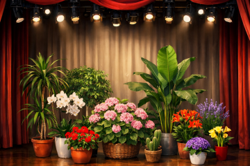 Театральная сцена, занавес, кулисы, софиты. На сцене стоит несколько разных растений в горшках. Некоторые из них цветут.