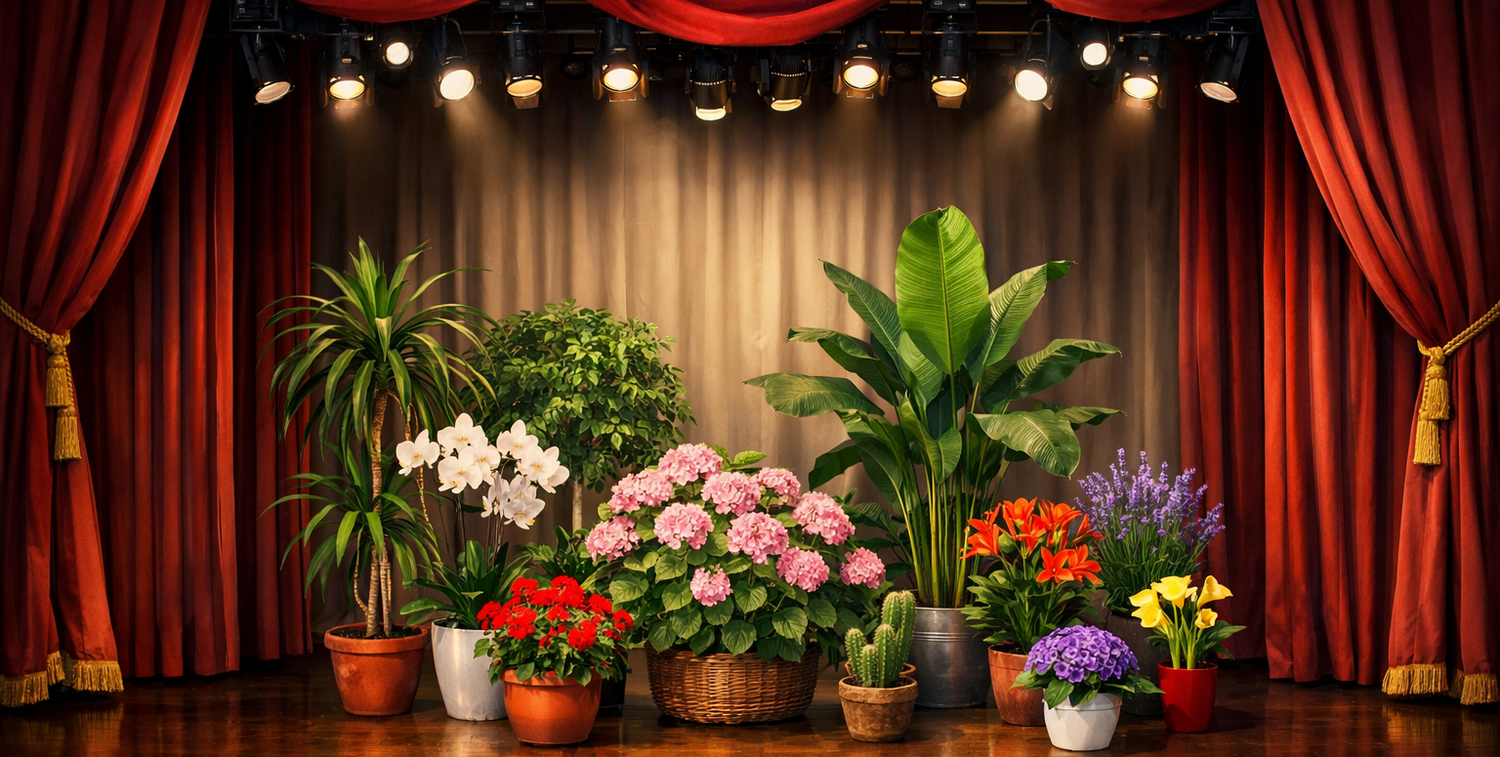 Театральная сцена, занавес, кулисы, софиты. На сцене стоит несколько разных растений в горшках. Некоторые из них цветут.