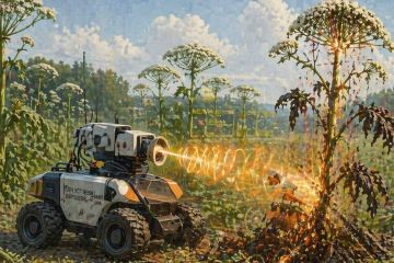 По полю ездит робот и уничтожает борщевик сосновского излучением