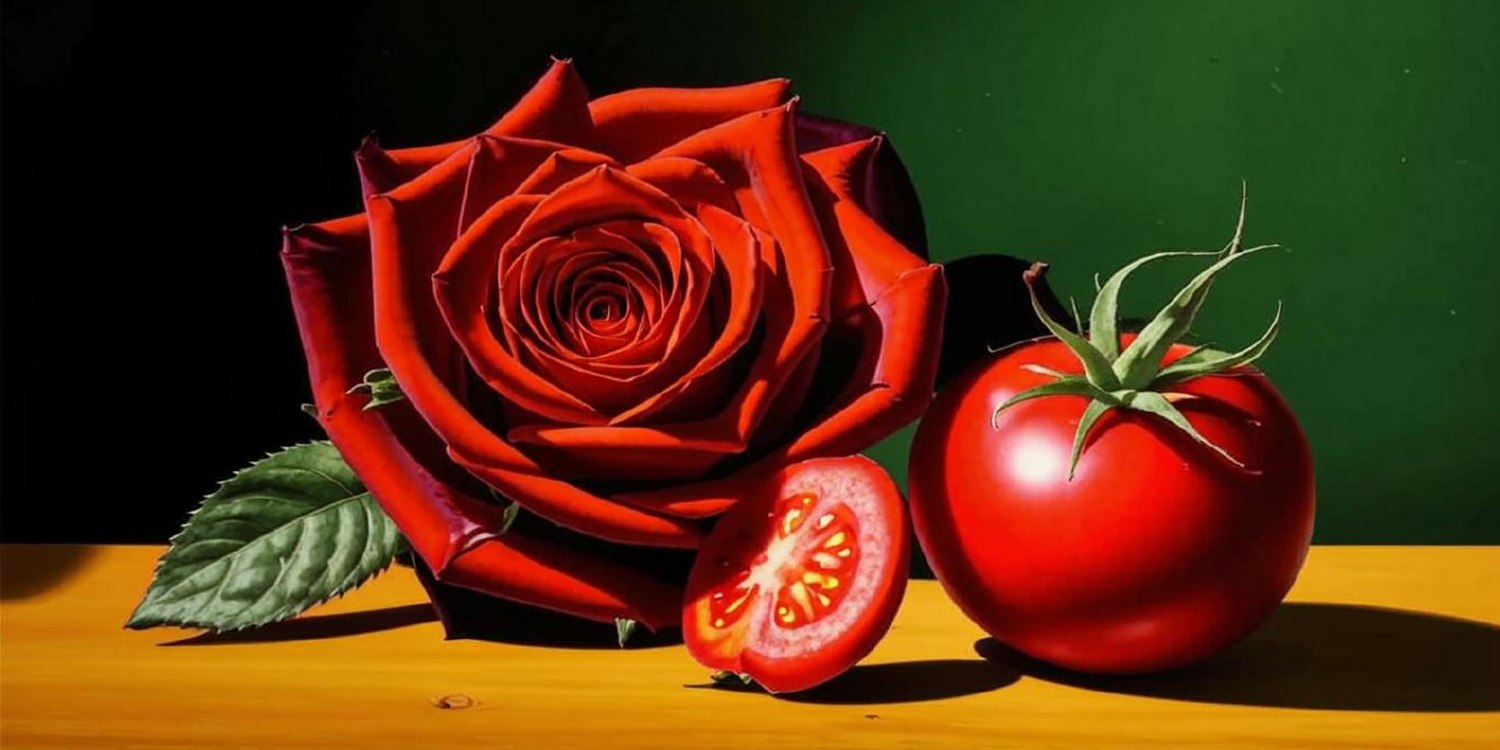 На деревянной поверхности лежит большая красная роза, спелый томат и половинка ещё одного томата