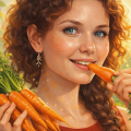 Молодая рыжеволосая кудрявая девушка ест маленькую морковку и держит в руках ещё несколько