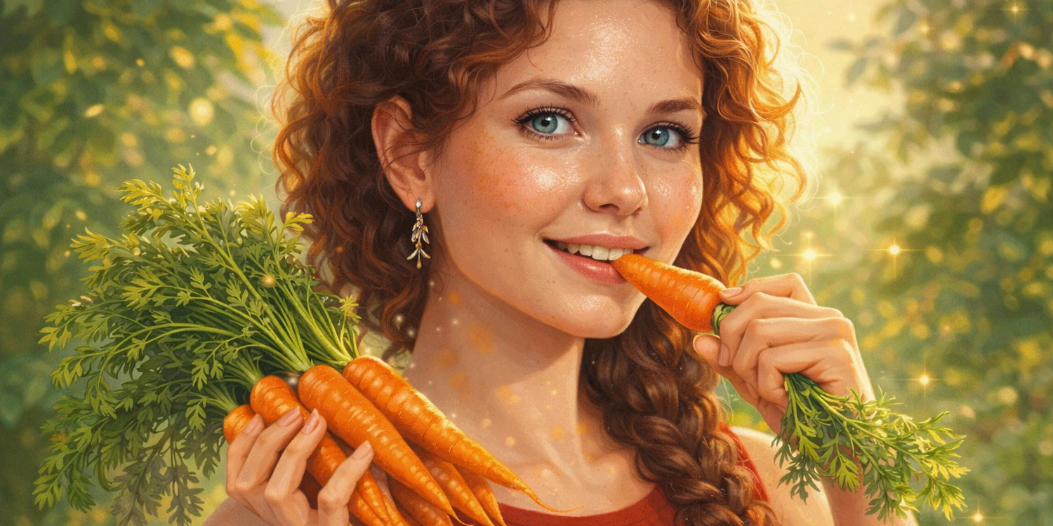 Молодая рыжеволосая кудрявая девушка ест маленькую морковку и держит в руках ещё несколько