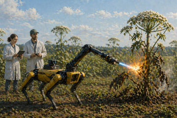 Поле заросшее борщевиком. Робот-пёс сжигает одно из растений паяльной лампой. Рядом стоят двое учёных в белых халатах и наблюдают