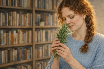 Девушка в голубом свитере держит в руках розмарин и нюхает его. На заднем плане - книжный шкаф.