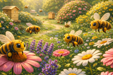 Цветущий сад, в котором летают милые дружелюбные пчёлы
