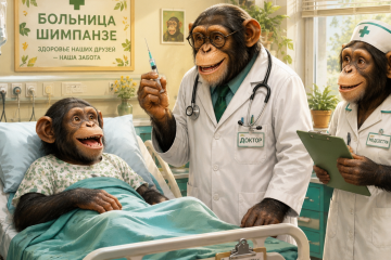 Обезьяна врач, обезьяна-медсестра и обезьяна пациент в больнице шимпанзе