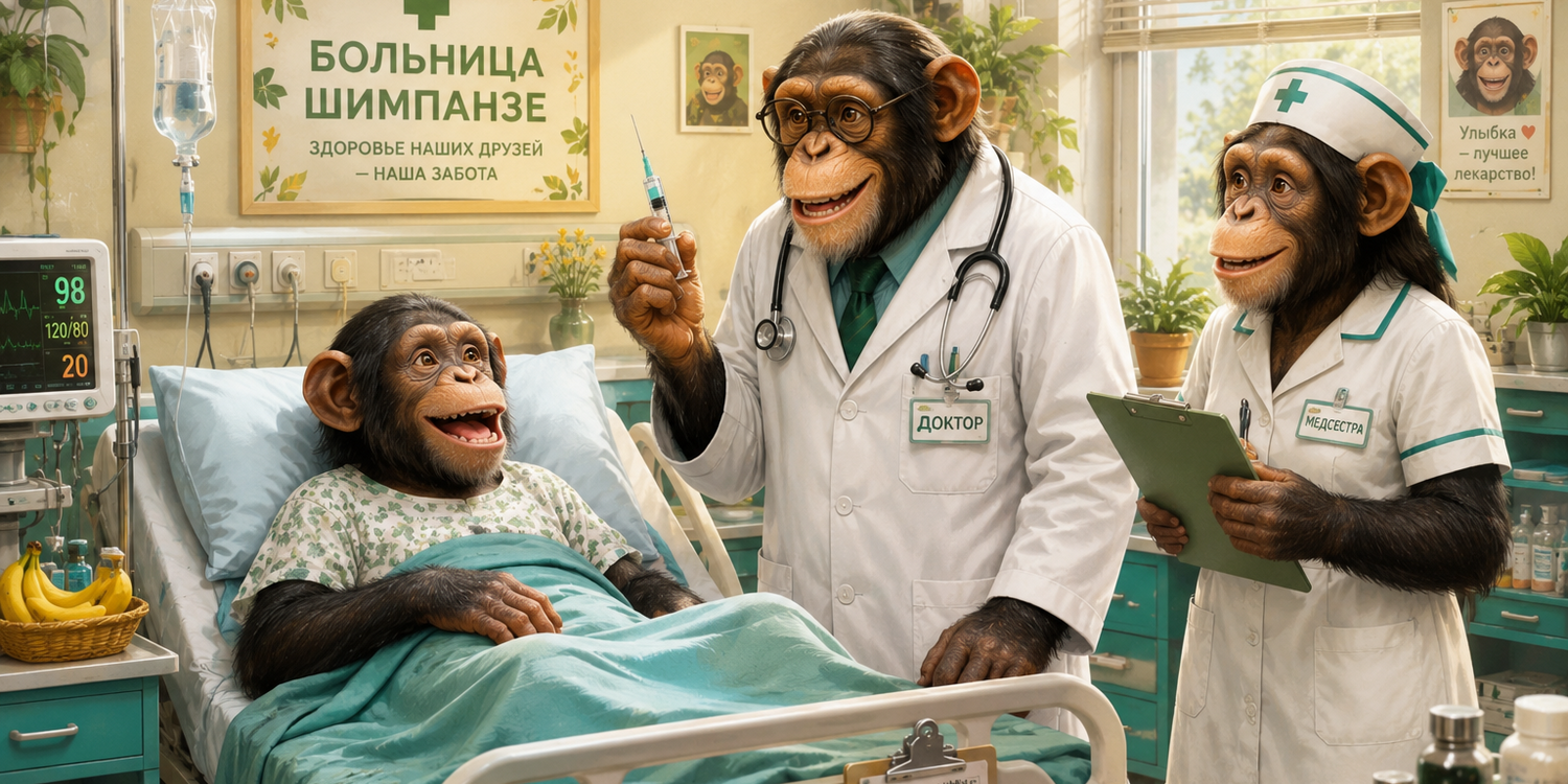 Обезьяна врач, обезьяна-медсестра и обезьяна пациент в больнице шимпанзе