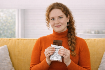 Девушка в оранжевой водолазке сидит на диване и держит в руках плитку шоколада