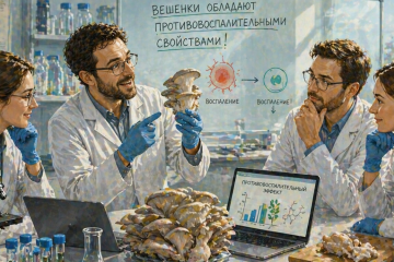 ученые изучают грибы вешенки в лаборатории