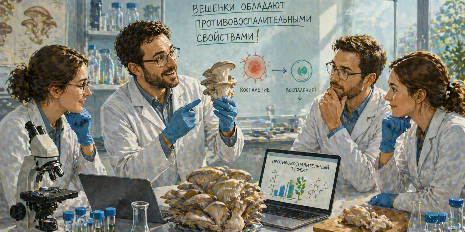 ученые изучают грибы вешенки в лаборатории