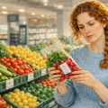 Женщина выбирает овощи в магазине