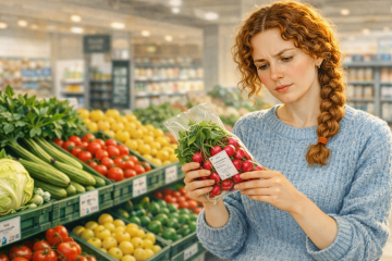 Женщина выбирает овощи в магазине