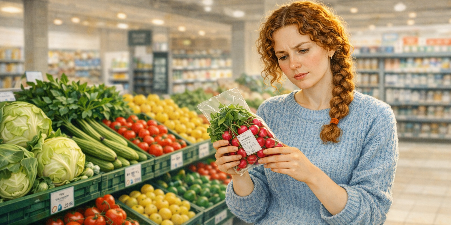 Женщина выбирает овощи в магазине