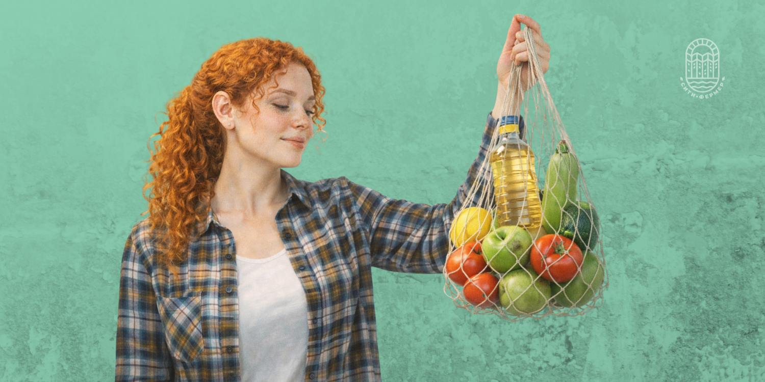 Девушка держит авоську со свежими овощами и фруктами
