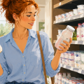 Девушка в продуктовом магазине держит в каждой руке по бутылочке с йогуртом и сравнивает составы
