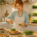 Большая светлая кухня. На заднем плане - стеллаж с лампами на котором растет микрозелень. На переднем плане девушка украшает готовые блюда микрозеленью