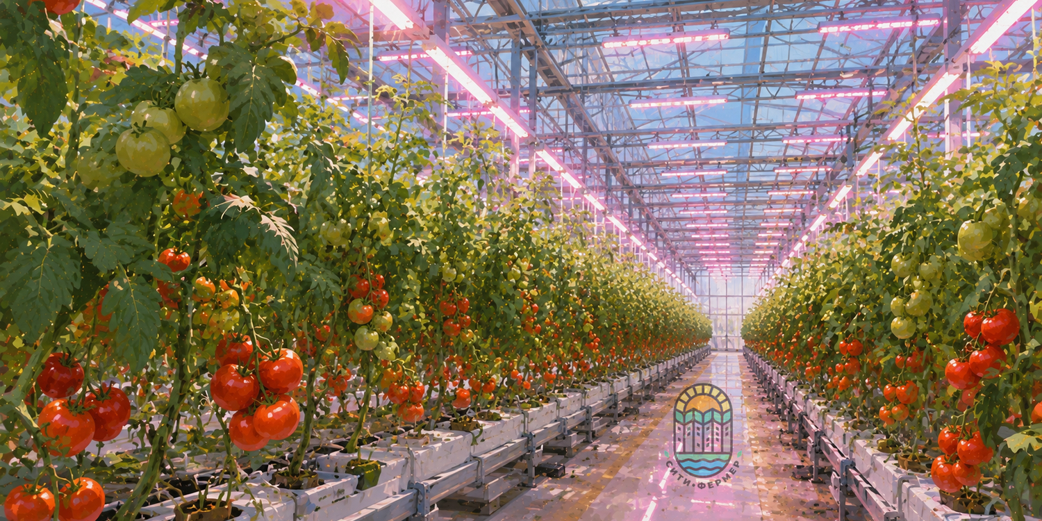 В промышленной теплице растут помидоры