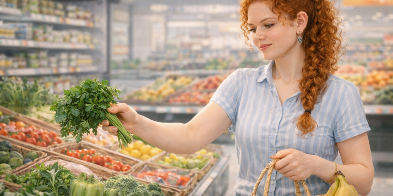 Рыжая кудрявая девушка в супермаркете выбирает зелень