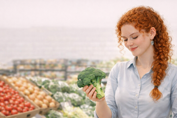 Рыжая кудрявая девушка выбирает брокколи в овощном магазине.