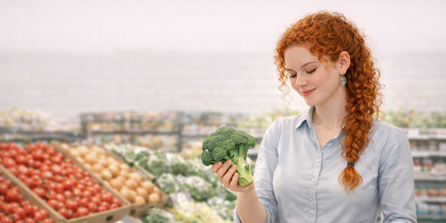 Рыжая кудрявая девушка выбирает брокколи в овощном магазине.