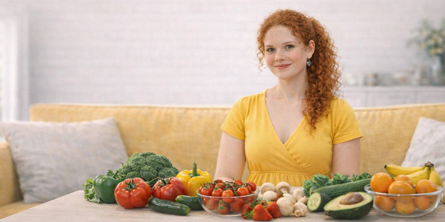 Молодая женщина в жёлтом платье сидитн адиване. перед ней на столе лежат овощи и фрукты: брокколи, помидоры, огурцы, жёлтый перец, шампиньоны, клубника