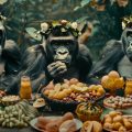 Три гориллы в венках сидят за столом с фруктами