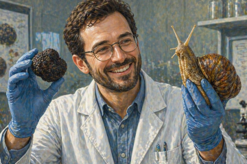 ученый в белом халате и синих перчатках держит в одной руке гриб чёрный трюфель, а в другой - гигантскую сухопутную улитку