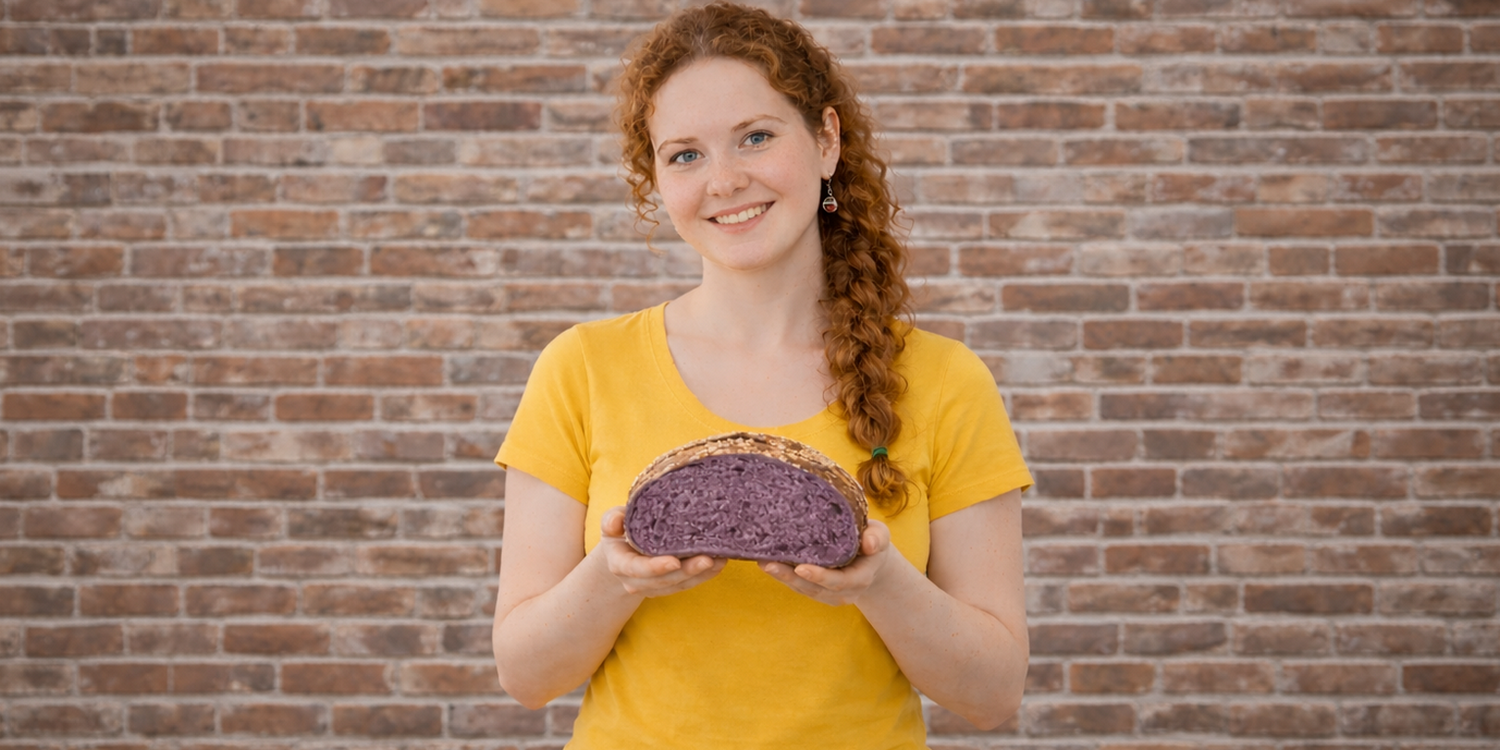 Девушка в жёлтой футболке держит в руках разрезанный каравай фиолетового хлеба