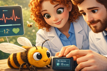 Мужчина и женщина в белых халатах определяют уровень стресса у большой дружелюбной пчелы