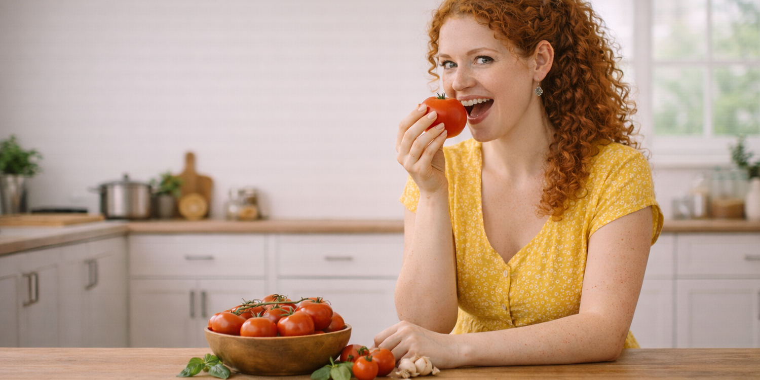 Рыжая кудрявая девушка в желтом платье сидит на кухне за столом. На столет Стоит деревянная миска со спелыми помидорами, рядом лежит чеснок и базилик. Девушка держит в руке помидор и готовится откусить