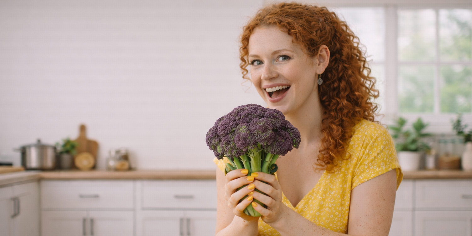 Девушка в желтом платье держит в руках соцветие брокколи фиолетового цвета