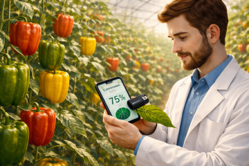 Молодой учёный в халате измеряет хлорофилл при помощи аксессуара для телефона, стоя в теплице, где растут болгарские перцы