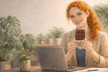 Молодая женщина в офисе сидит за столом и держит в руках плитку шоколада. На столе лежит телефон, документы и ноутбук. В офисе много растений
