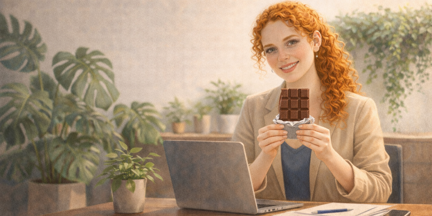 Молодая женщина в офисе сидит за столом и держит в руках плитку шоколада. На столе лежит телефон, документы и ноутбук. В офисе много растений