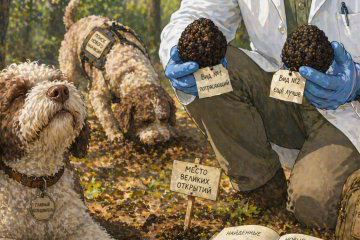 Учёный в белом халате и синих перчатках держит в руках два гриба трюфеля. Рядом лежит довольная собака. На заднем плане ещё одна собака нюхает землю в поисках трюфелей