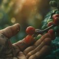 Человек тянется к кофейным зёрнам, растущим на кусте