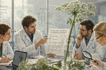 Учёные в белых халатах изучают борщевик