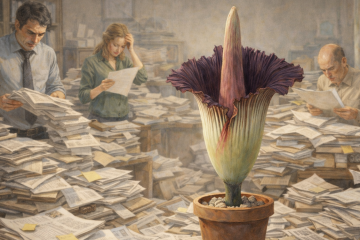 Гигантский "трупный цветок" в горшке стоит в кабинете, заваленном бумагами. Трое сотрудников офиса пытаются разобраться с документами