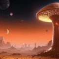 Огромные грибы растут на далекой планете с каменистыми пейзажами