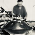 На столе стоит растение в горшке с прикрепленными датчиками, хэндпан и микрофоны