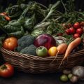 Органические овощи: томаты, морковь, чеснок, брокколи - лежат в большой плетёной корзине