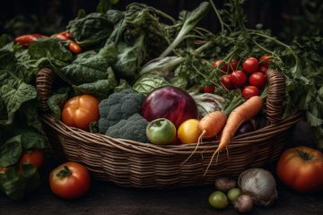 Органические овощи: томаты, морковь, чеснок, брокколи - лежат в большой плетёной корзине