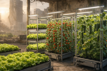 Салат, помидоры и огурцы растут на гидропонной ферме в полуразрушеном здании. В отверстие в стене виден мир, переживший апокалипсис.