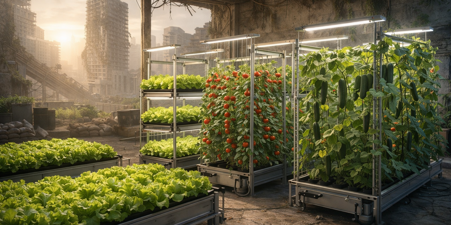 Салат, помидоры и огурцы растут на гидропонной ферме в полуразрушеном здании. В отверстие в стене виден мир, переживший апокалипсис.