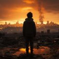 Одинокий человек стоит в поле и смотрит на город во время ядерной зимы