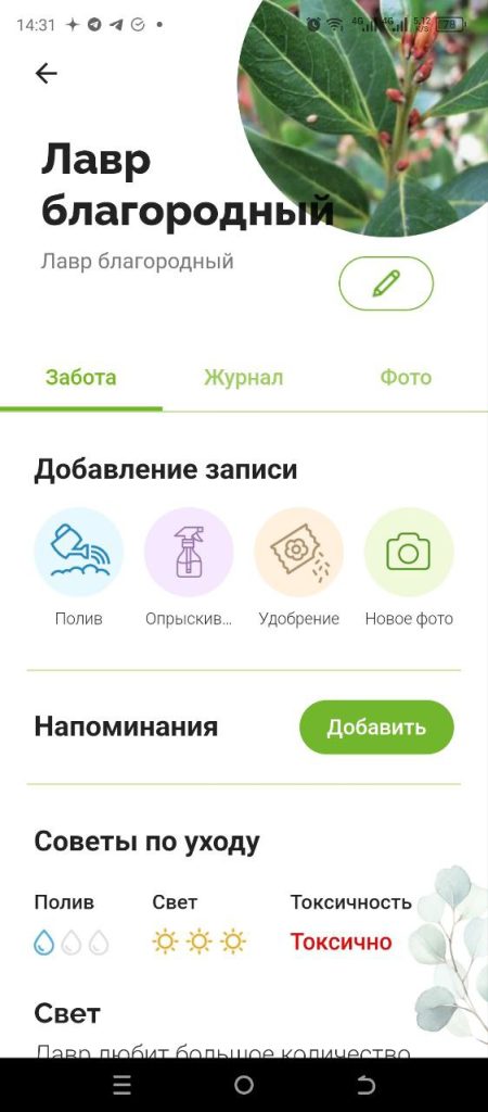 Скриншот приложения для ухода за растениями