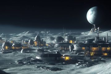 Космическая базана безжизненной планете. Несколько сооружений стоят рядом, окна светятся тёплым светом