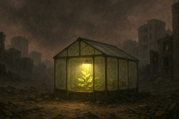 На пустыре стоит освещенная одинокой лампочкой теплица. На фоне - темные небоскрёбы